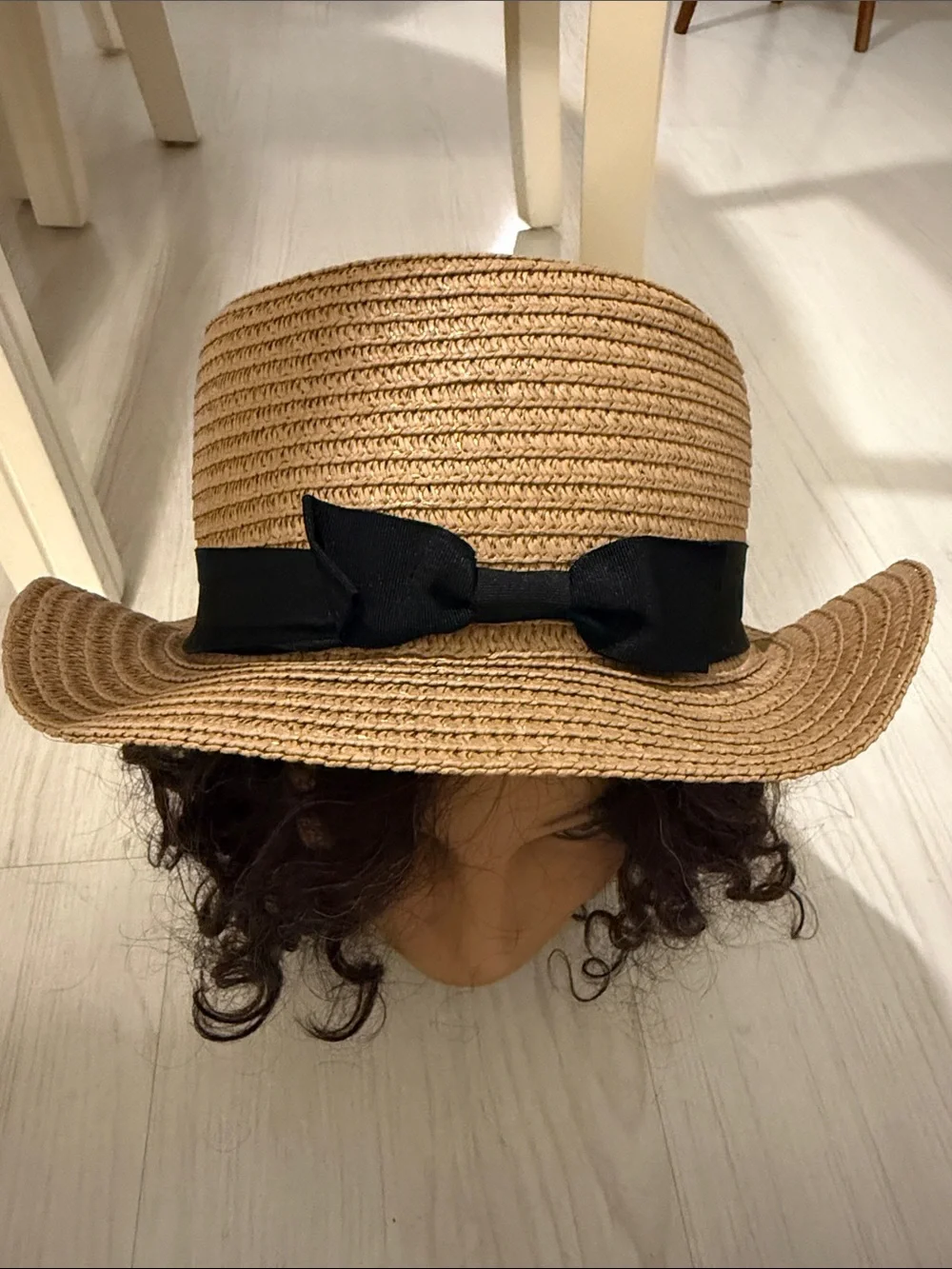 NWOT Straw Sun Hat with Black Ribbon Bow